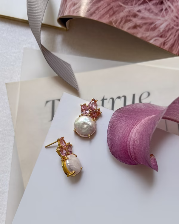 Rosewater Drops  Gold-Plated Earrings with Pearl & Pink Quartz - Image 8