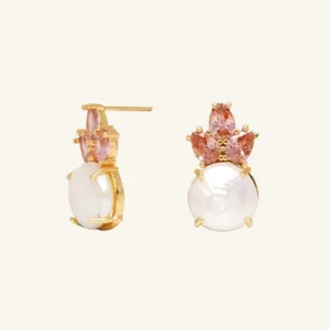 Rosewater Drops  Gold-Plated Earrings with Pearl & Pink Quartz