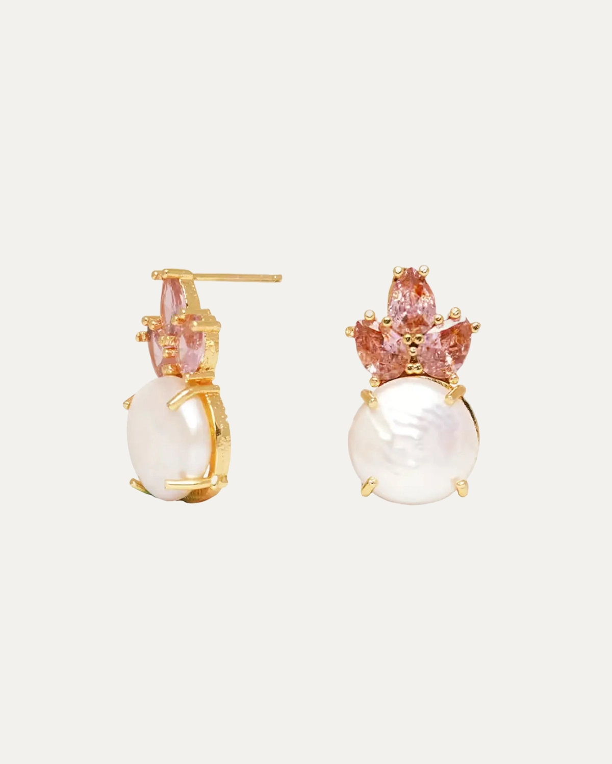 Rosewater Drops Gold-Plated Earrings with Pearl & Pink Quartz Rosewater Drops - Image 1